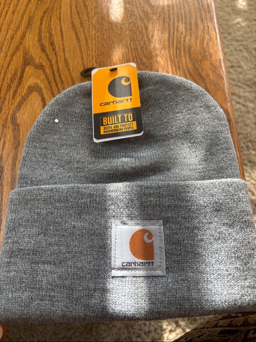 NWT Carhartt Gray Knit Cuffed Beanie with Orange Logo